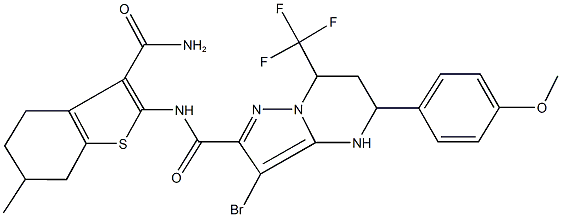 N-[3-(aminocarbonyl)-6-methyl-4,5,6,7-tetrahydro-1-benzothien-2-yl]-3-bromo-5-(4-methoxyphenyl)-7-(trifluoromethyl)-4,5,6,7-tetrahydropyrazolo[1,5-a]pyrimidine-2-carboxamide Struktur