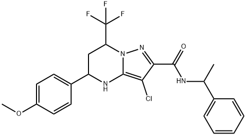 3-chloro-5-(4-methoxyphenyl)-N-(1-phenylethyl)-7-(trifluoromethyl)-4,5,6,7-tetrahydropyrazolo[1,5-a]pyrimidine-2-carboxamide Struktur