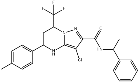 3-chloro-5-(4-methylphenyl)-N-(1-phenylethyl)-7-(trifluoromethyl)-4,5,6,7-tetrahydropyrazolo[1,5-a]pyrimidine-2-carboxamide Struktur