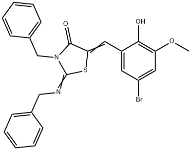 3-benzyl-2-(benzylimino)-5-(5-bromo-2-hydroxy-3-methoxybenzylidene)-1,3-thiazolidin-4-one Struktur