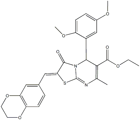 ethyl2-(2,3-dihydro-1,4-benzodioxin-6-ylmethylene)-5-(2,5-dimethoxyphenyl)-7-methyl-3-oxo-2,3-dihydro-5H-[1,3]thiazolo[3,2-a]pyrimidine-6-carboxylate Struktur