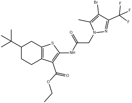 ethyl 2-({[4-bromo-5-methyl-3-(trifluoromethyl)-1H-pyrazol-1-yl]acetyl}amino)-6-tert-butyl-4,5,6,7-tetrahydro-1-benzothiophene-3-carboxylate Struktur