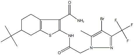 2-({[4-bromo-5-methyl-3-(trifluoromethyl)-1H-pyrazol-1-yl]acetyl}amino)-6-tert-butyl-4,5,6,7-tetrahydro-1-benzothiophene-3-carboxamide Struktur