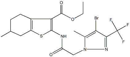 ethyl 2-({[4-bromo-5-methyl-3-(trifluoromethyl)-1H-pyrazol-1-yl]acetyl}amino)-6-methyl-4,5,6,7-tetrahydro-1-benzothiophene-3-carboxylate Struktur