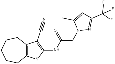 N-(3-cyano-5,6,7,8-tetrahydro-4H-cyclohepta[b]thien-2-yl)-2-[5-methyl-3-(trifluoromethyl)-1H-pyrazol-1-yl]acetamide Struktur