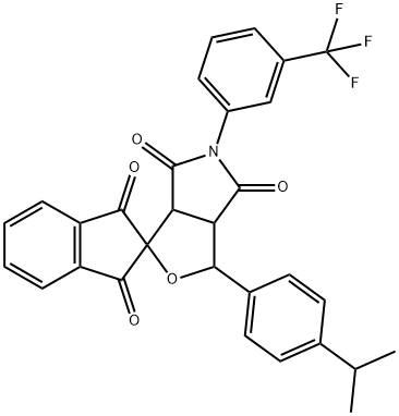 1-(4-isopropylphenyl)-5-[3-(trifluoromethyl)phenyl]-3a,6a-dihydrospiro(1H-furo[3,4-c]pyrrole-3,2'-[1'H]-indene)-1',3',4,6(2'H,3H,5H)-tetrone Struktur