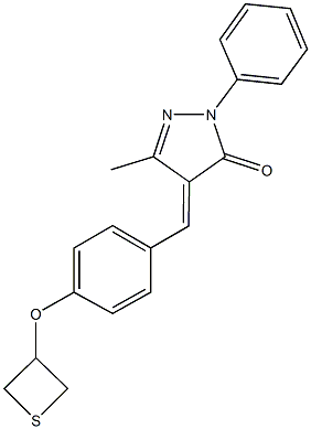 5-methyl-2-phenyl-4-[4-(3-thietanyloxy)benzylidene]-2,4-dihydro-3H-pyrazol-3-one Struktur