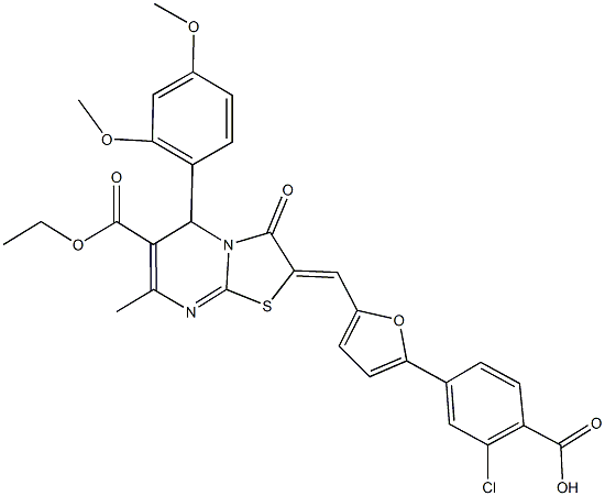 2-chloro-4-{5-[(5-(2,4-dimethoxyphenyl)-6-(ethoxycarbonyl)-7-methyl-3-oxo-5H-[1,3]thiazolo[3,2-a]pyrimidin-2(3H)-ylidene)methyl]-2-furyl}benzoic acid Struktur