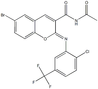 N-acetyl-6-bromo-2-{[2-chloro-5-(trifluoromethyl)phenyl]imino}-2H-chromene-3-carboxamide Struktur