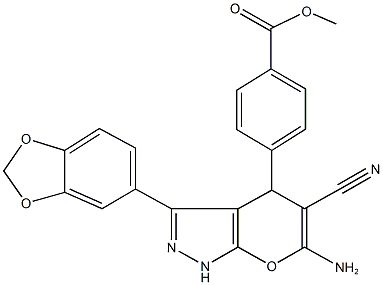 methyl 4-[6-amino-3-(1,3-benzodioxol-5-yl)-5-cyano-1,4-dihydropyrano[2,3-c]pyrazol-4-yl]benzoate Struktur