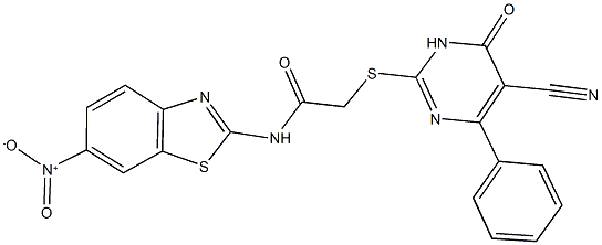 2-[(5-cyano-6-oxo-4-phenyl-1,6-dihydro-2-pyrimidinyl)sulfanyl]-N-{6-nitro-1,3-benzothiazol-2-yl}acetamide Struktur