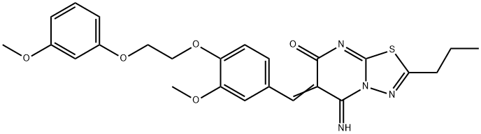 5-imino-6-{3-methoxy-4-[2-(3-methoxyphenoxy)ethoxy]benzylidene}-2-propyl-5,6-dihydro-7H-[1,3,4]thiadiazolo[3,2-a]pyrimidin-7-one Struktur