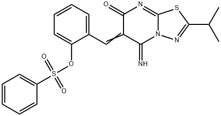 2-[(5-imino-2-isopropyl-7-oxo-5H-[1,3,4]thiadiazolo[3,2-a]pyrimidin-6(7H)-ylidene)methyl]phenyl benzenesulfonate Struktur