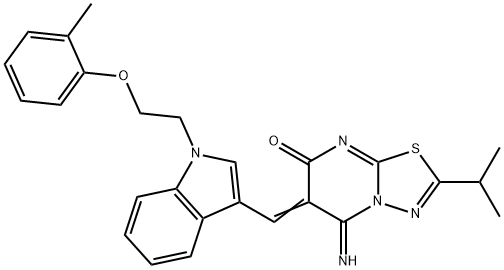 5-imino-2-isopropyl-6-({1-[2-(2-methylphenoxy)ethyl]-1H-indol-3-yl}methylene)-5,6-dihydro-7H-[1,3,4]thiadiazolo[3,2-a]pyrimidin-7-one Struktur