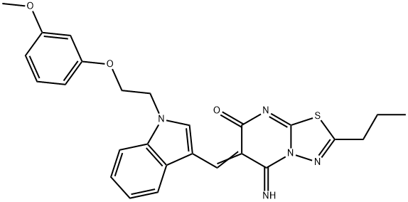 5-imino-6-({1-[2-(3-methoxyphenoxy)ethyl]-1H-indol-3-yl}methylene)-2-propyl-5,6-dihydro-7H-[1,3,4]thiadiazolo[3,2-a]pyrimidin-7-one Struktur