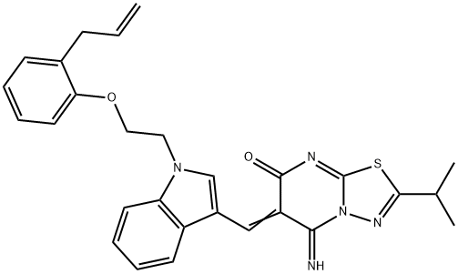 6-({1-[2-(2-allylphenoxy)ethyl]-1H-indol-3-yl}methylene)-5-imino-2-isopropyl-5,6-dihydro-7H-[1,3,4]thiadiazolo[3,2-a]pyrimidin-7-one Struktur