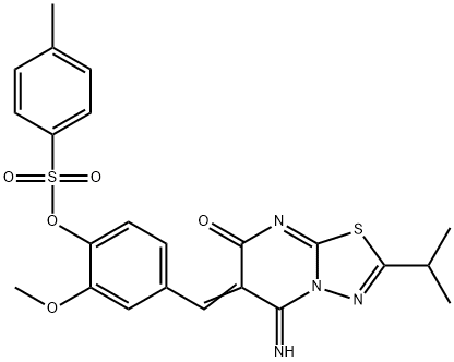 4-[(5-imino-2-isopropyl-7-oxo-5H-[1,3,4]thiadiazolo[3,2-a]pyrimidin-6(7H)-ylidene)methyl]-2-methoxyphenyl 4-methylbenzenesulfonate Struktur