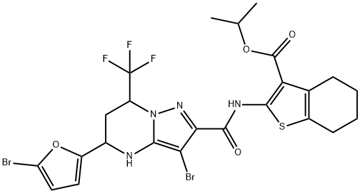 isopropyl 2-({[3-bromo-5-(5-bromo-2-furyl)-7-(trifluoromethyl)-4,5,6,7-tetrahydropyrazolo[1,5-a]pyrimidin-2-yl]carbonyl}amino)-4,5,6,7-tetrahydro-1-benzothiophene-3-carboxylate Struktur