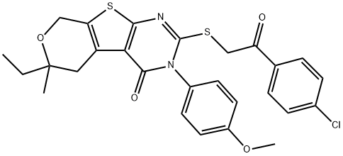 2-{[2-(4-chlorophenyl)-2-oxoethyl]sulfanyl}-6-ethyl-3-(4-methoxyphenyl)-6-methyl-3,5,6,8-tetrahydro-4H-pyrano[4',3':4,5]thieno[2,3-d]pyrimidin-4-one Struktur