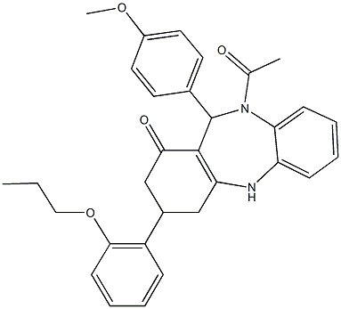 10-acetyl-11-(4-methoxyphenyl)-3-(2-propoxyphenyl)-2,3,4,5,10,11-hexahydro-1H-dibenzo[b,e][1,4]diazepin-1-one Struktur