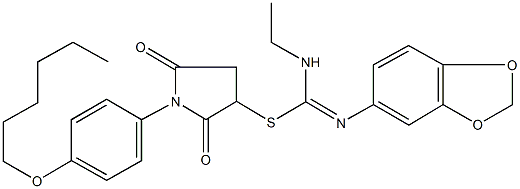 1-[4-(hexyloxy)phenyl]-2,5-dioxo-3-pyrrolidinyl N'-(1,3-benzodioxol-5-yl)-N-ethylimidothiocarbamate Struktur