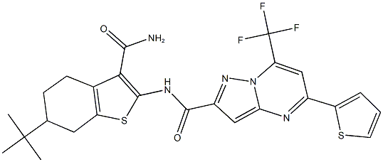 N-[3-(aminocarbonyl)-6-tert-butyl-4,5,6,7-tetrahydro-1-benzothien-2-yl]-5-(2-thienyl)-7-(trifluoromethyl)pyrazolo[1,5-a]pyrimidine-2-carboxamide Struktur