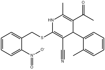 5-acetyl-2-({2-nitrobenzyl}sulfanyl)-6-methyl-4-(2-methylphenyl)-1,4-dihydro-3-pyridinecarbonitrile Struktur