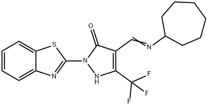 2-(1,3-benzothiazol-2-yl)-4-[(cycloheptylimino)methyl]-5-(trifluoromethyl)-1,2-dihydro-3H-pyrazol-3-one Struktur