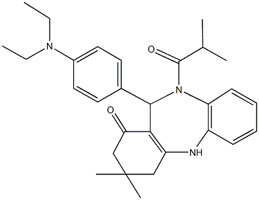 11-[4-(diethylamino)phenyl]-10-isobutyryl-3,3-dimethyl-2,3,4,5,10,11-hexahydro-1H-dibenzo[b,e][1,4]diazepin-1-one Struktur