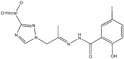 2-hydroxy-N'-(2-{3-nitro-1H-1,2,4-triazol-1-yl}-1-methylethylidene)-5-iodobenzohydrazide Struktur