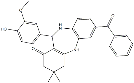 7-benzoyl-11-(4-hydroxy-3-methoxyphenyl)-3,3-dimethyl-2,3,4,5,10,11-hexahydro-1H-dibenzo[b,e][1,4]diazepin-1-one Struktur