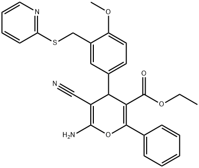 ethyl 6-amino-5-cyano-4-{4-methoxy-3-[(2-pyridinylsulfanyl)methyl]phenyl}-2-phenyl-4H-pyran-3-carboxylate Struktur