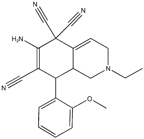 6-amino-2-ethyl-8-(2-methoxyphenyl)-2,3,8,8a-tetrahydro-5,5,7(1H)-isoquinolinetricarbonitrile Struktur