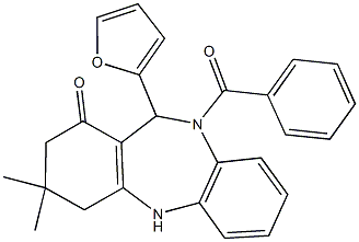 10-benzoyl-11-(2-furyl)-3,3-dimethyl-2,3,4,5,10,11-hexahydro-1H-dibenzo[b,e][1,4]diazepin-1-one Struktur