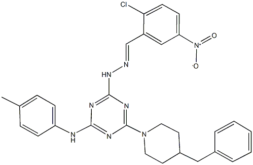 2-chloro-5-nitrobenzaldehyde [4-(4-benzyl-1-piperidinyl)-6-(4-toluidino)-1,3,5-triazin-2-yl]hydrazone Struktur