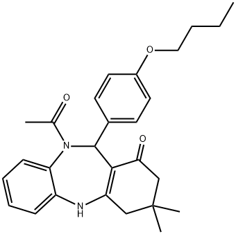 10-acetyl-11-(4-butoxyphenyl)-3,3-dimethyl-2,3,4,5,10,11-hexahydro-1H-dibenzo[b,e][1,4]diazepin-1-one Struktur