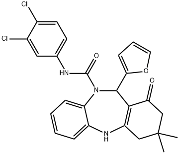 N-(3,4-dichlorophenyl)-11-(2-furyl)-3,3-dimethyl-1-oxo-1,2,3,4,5,11-hexahydro-10H-dibenzo[b,e][1,4]diazepine-10-carboxamide Struktur