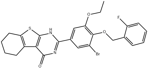 2-{3-bromo-5-ethoxy-4-[(2-fluorobenzyl)oxy]phenyl}-5,6,7,8-tetrahydro[1]benzothieno[2,3-d]pyrimidin-4(3H)-one Struktur