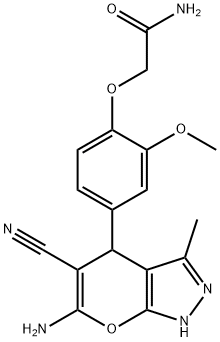 2-[4-(6-amino-5-cyano-3-methyl-1,4-dihydropyrano[2,3-c]pyrazol-4-yl)-2-methoxyphenoxy]acetamide Struktur