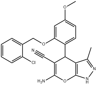 6-amino-4-{2-[(2-chlorobenzyl)oxy]-4-methoxyphenyl}-3-methyl-1,4-dihydropyrano[2,3-c]pyrazole-5-carbonitrile Struktur