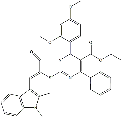 ethyl 5-(2,4-dimethoxyphenyl)-2-[(1,2-dimethyl-1H-indol-3-yl)methylene]-3-oxo-7-phenyl-2,3-dihydro-5H-[1,3]thiazolo[3,2-a]pyrimidine-6-carboxylate Struktur