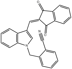 2-({3-[(1,3-dioxo-1,3-dihydro-2H-inden-2-ylidene)methyl]-1H-indol-1-yl}methyl)benzonitrile Struktur