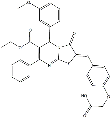 {4-[(6-(ethoxycarbonyl)-5-(3-methoxyphenyl)-3-oxo-7-phenyl-5H-[1,3]thiazolo[3,2-a]pyrimidin-2(3H)-ylidene)methyl]phenoxy}acetic acid Struktur