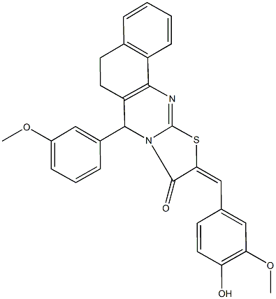 10-(4-hydroxy-3-methoxybenzylidene)-7-(3-methoxyphenyl)-5,7-dihydro-6H-benzo[h][1,3]thiazolo[2,3-b]quinazolin-9(10H)-one Struktur