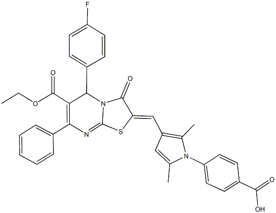 4-{3-[(6-(ethoxycarbonyl)-5-(4-fluorophenyl)-3-oxo-7-phenyl-5H-[1,3]thiazolo[3,2-a]pyrimidin-2(3H)-ylidene)methyl]-2,5-dimethyl-1H-pyrrol-1-yl}benzoic acid Struktur