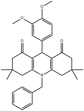 10-benzyl-9-(3,4-dimethoxyphenyl)-3,3,6,6-tetramethyl-3,4,6,7,9,10-hexahydro-1,8(2H,5H)-acridinedione Struktur