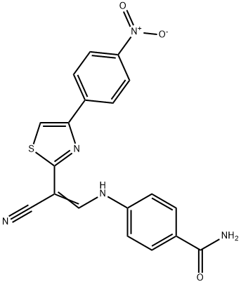 4-{[2-cyano-2-(4-{4-nitrophenyl}-1,3-thiazol-2-yl)vinyl]amino}benzamide Struktur