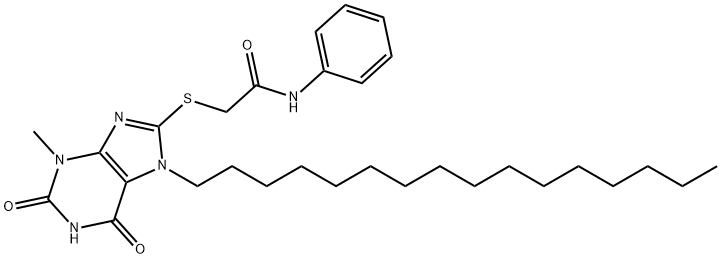 2-[(7-hexadecyl-3-methyl-2,6-dioxo-2,3,6,7-tetrahydro-1H-purin-8-yl)sulfanyl]-N-phenylacetamide Struktur