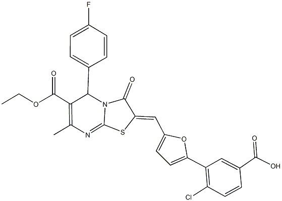 4-chloro-3-{5-[(6-(ethoxycarbonyl)-5-(4-fluorophenyl)-7-methyl-3-oxo-5H-[1,3]thiazolo[3,2-a]pyrimidin-2(3H)-ylidene)methyl]-2-furyl}benzoic acid Struktur