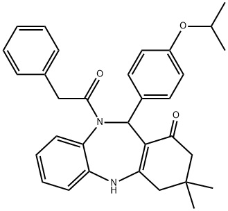 11-(4-isopropoxyphenyl)-3,3-dimethyl-10-(phenylacetyl)-2,3,4,5,10,11-hexahydro-1H-dibenzo[b,e][1,4]diazepin-1-one Struktur